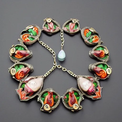 Image similar to beautiful artnouveau style necklace made of the face of a demoness and vampiress showing love with gem flowers in the style of René lalique