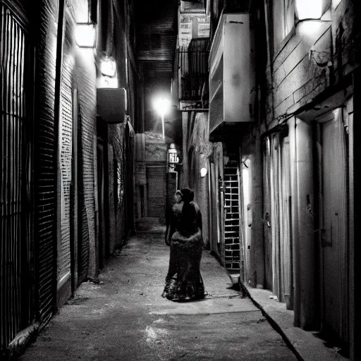 Prompt: a creepy cell phone camera picture of an alleyway in west philadelphia at night, with a woman in the distance.