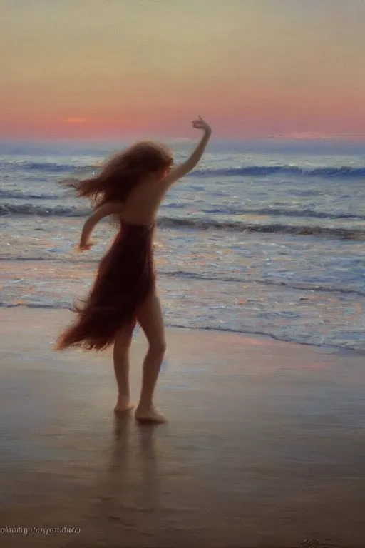 Prompt: A girl dancing on the seashore at sunset, by Vicente Romero Redondo