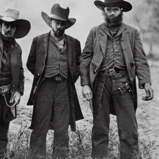 Prompt: a platinotype photo of three man from the old west going on an expedition to find a haunted burial ground and exhume it from a terrorizing creature