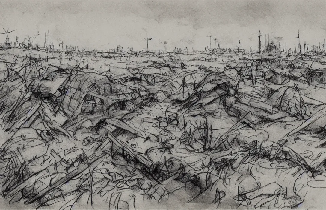 Image similar to milt kahl sketch of world war 1 trenches with the city of miami in the background