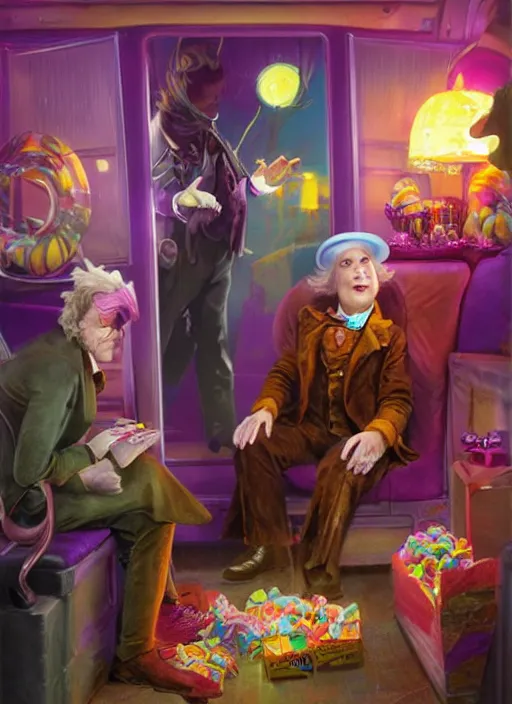 Prompt: willy wonka giving out candy from the back of his van by wlop and kev walker and delphin enjolras and daniel f. gerhartz