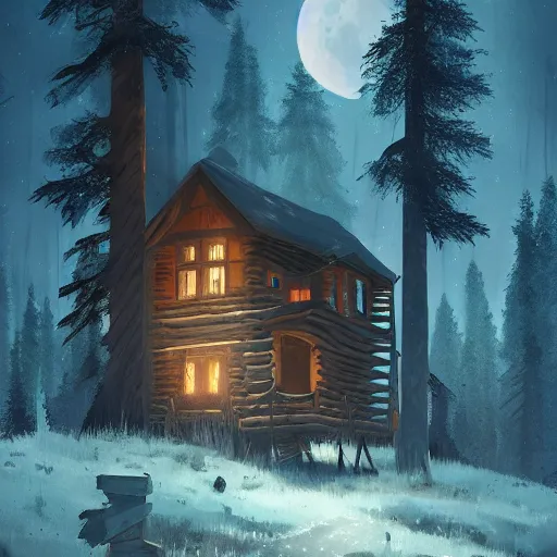 Image similar to lone cabin in the rocky mountains, by ismail inceoglu, eerie haunted cabin, in the woods, pine trees, full moon, illuminated by moonlight, detailed, digital illustration, brushstrokes, 4 k