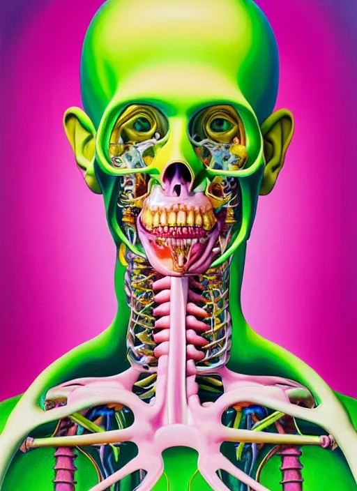 Image similar to a beautiful and highly detailed painting of an anatomical portrait wearing overalls, inside a grand room lined with paintings, emotionally expressive, oil painting, soft light, pink and green olour palette, cinematic composition, cinematic lighting, sharp focus, masterpiece by shusei nagaoka kaws, david rudnick, airbrush on canvas, pastell colors, cell shaded 8 k