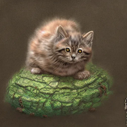 Image similar to rescue from the underworld, shadows of the past, chubby moss kitten, highly detailed, digital painting, HDRI, by tyler boswell and jeff easley, vivid colors, high contrast, 8k resolution, intricate, photorealistic, smooth