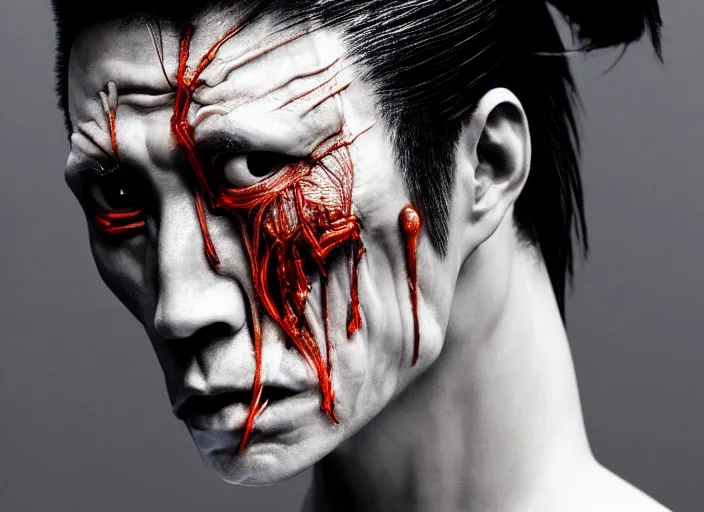 Prompt: mid shot portrait of samurai with transparent skin, visible muscle and bones and veins and nerves and internal organs, in the style of david cronenberg, high fashion, id magazine, realistic, sharp focus, 8 k high definition, film photography, photo realistic, insanely detailed, by david kostic and stanley lau and artgerm