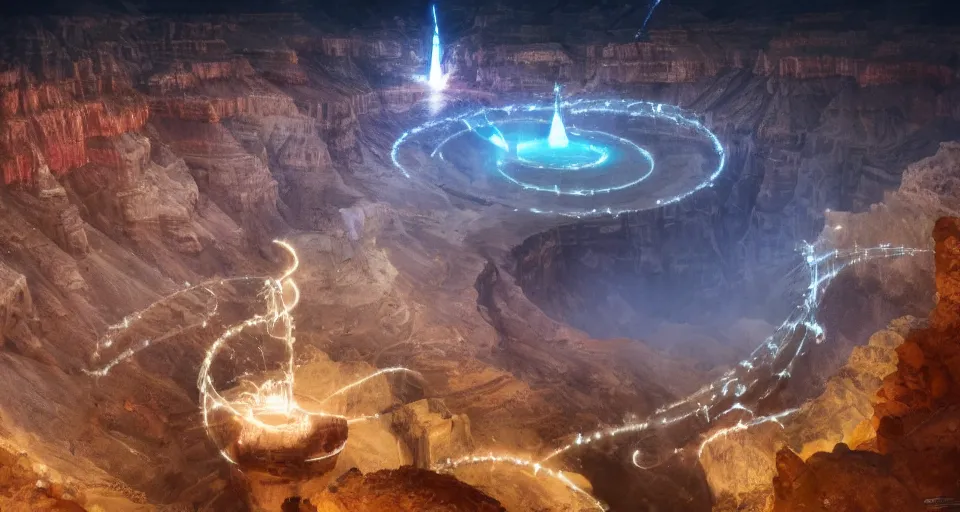 Image similar to night, a lot of people and a spiral - shaped white luminous attractor is floating in grand canyon, concept art, art for the game, professional lighting, art