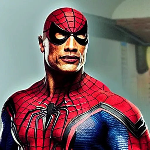 Image similar to Dwayne Johnson as Spiderman , an film still