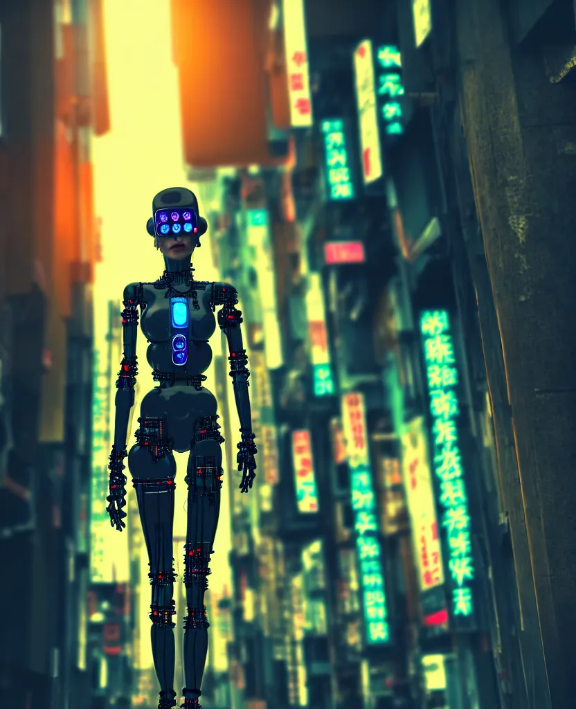 Image similar to a photo close up cyberpunk half robot half girl stands in a cyberpunk hiroshima, prefecture streets, sunset, photorealistic, cinematic lighting, very detailed, style by tomino - sama