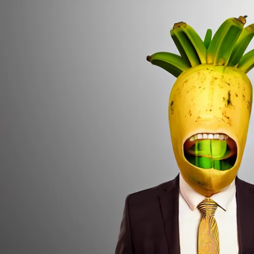 Image similar to banana head, a man wearing a suit banana head