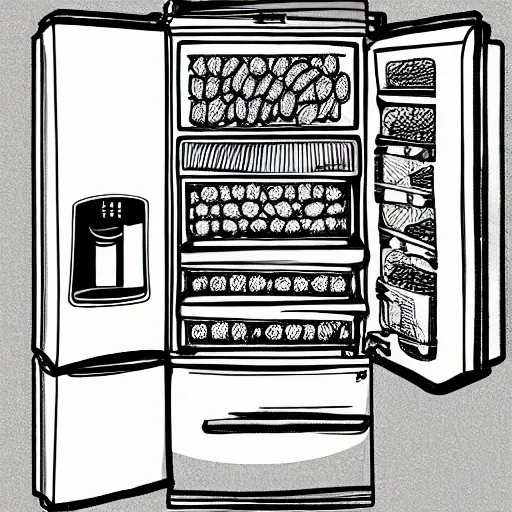 Prompt: cross - section illustration of a refrigerator interior stuffed with leftovers, highly detailed