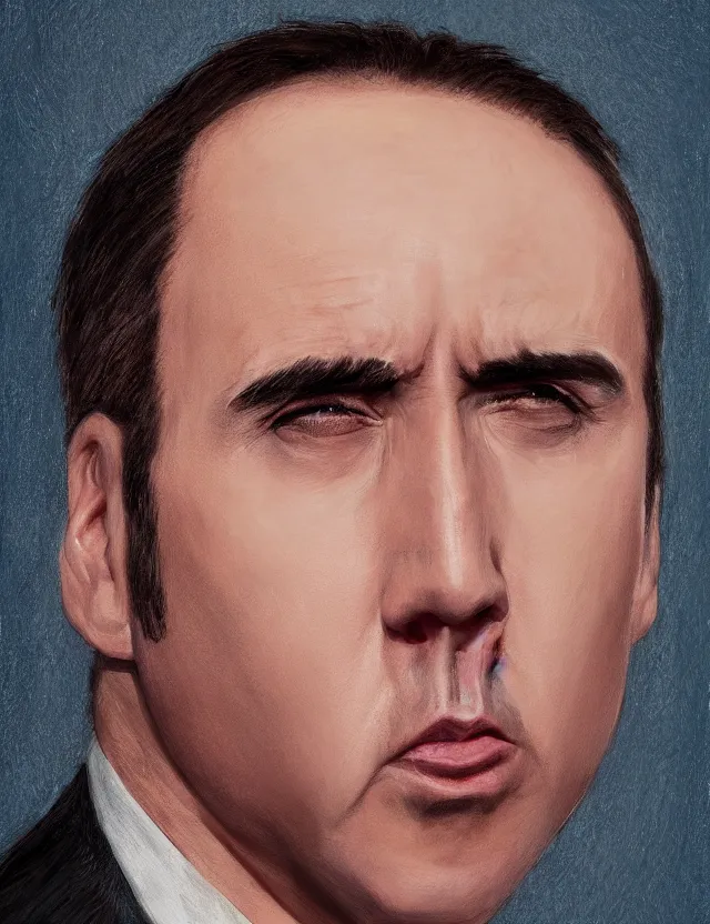 Image similar to portrait of bald nicolas cage neutral expression face straight on headshot even lighting no hair, trending on artstation