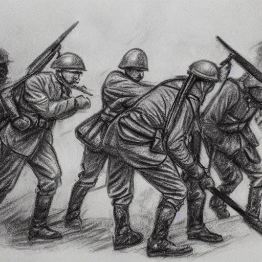 Image similar to charcoal sketch of german WW1 soldiers fighting zombies with flame throwers