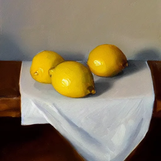 Prompt: lemons dramatic lighting on white tablecloth, oil painting, pale colors, high detail, 8 k, wide angle, trending on artstation,