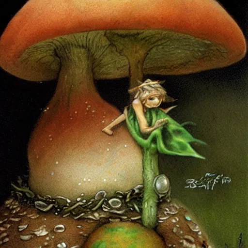 Prompt: tiny elf under a mushroom by brian froud