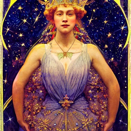 Image similar to the queen of the moon and the stars in full regalia, by Annie Swynnerton and Tino Rodriguez and Maxfield Parrish, elaborately costumed, rich color, dramatic cinematic lighting, extremely detailed