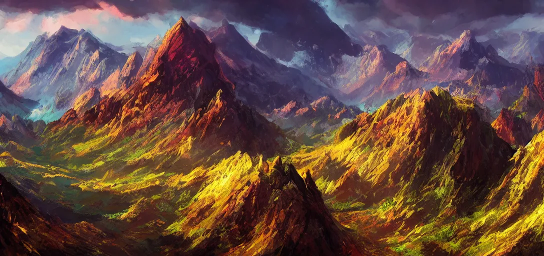 Image similar to vast mountain landscape, craggy mountains, magic the gathering, three - colors, three - color color palette, panoramic, wide angle, horizon, highly detailed