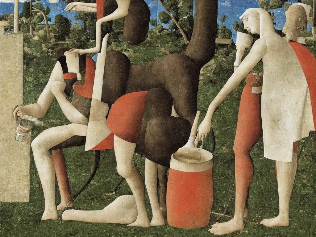 Image similar to detail woman washing with water jug. Horse, cypress tree. Comet. Painting by Piero della Francesca, Balthus, Morandi