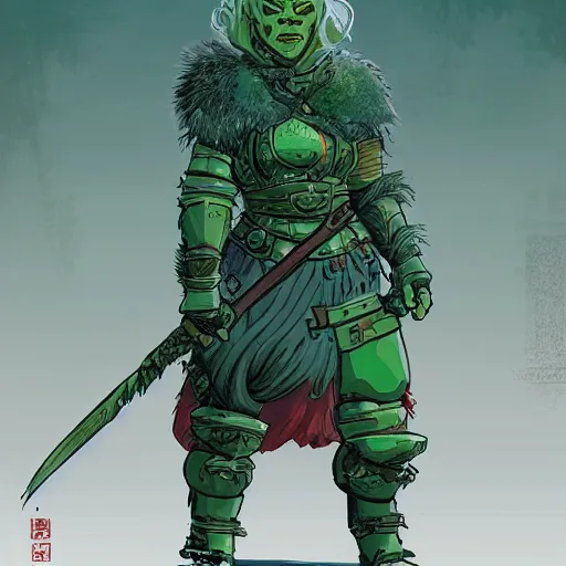 Prompt: character portrait green orc lady in full plate armour by art style by feng zhu and loish and laurie greasley, victo ngai, andreas rocha, john harris