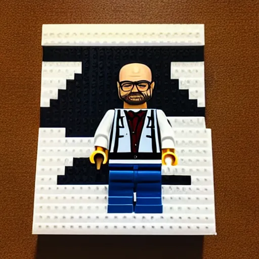 Image similar to walter white rv lego box realistic