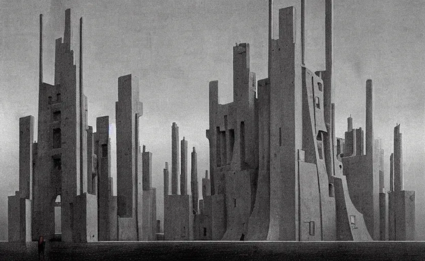 Prompt: A mysterious futuristic brutalist soviet city by Hieronymus Bosch and zdzisław beksiński