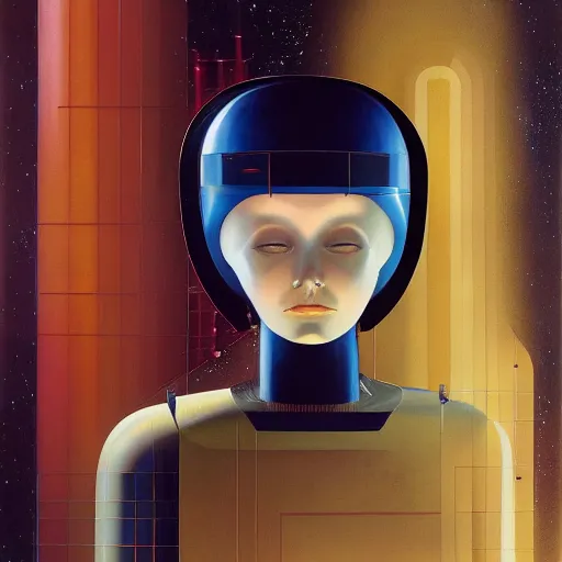 Prompt: portrait headshot of sci fi human explorer, melancholic complex flat geometric minimalism by oskar schlemmer, moebius, john berkey, oil on canvas, portrait facial head, featured on artstation, hd wallpaper, anime art nouveau cosmic display