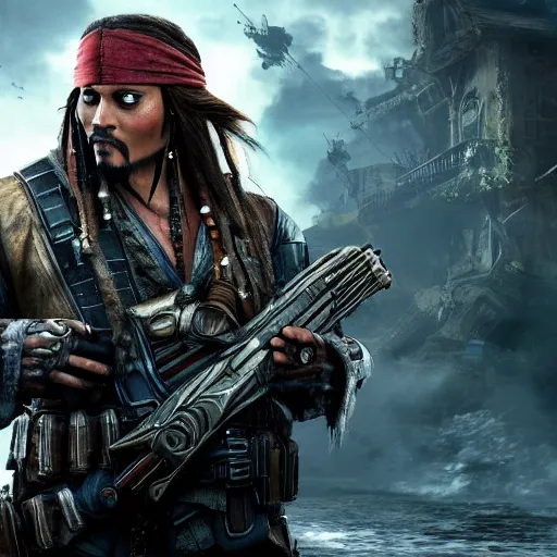 Image similar to captain jack sparrow in'gears of war '!!!, splash art, movie still, cinematic lighting, dramatic, octane render, detailed face, long lens, shallow depth of field, bokeh, anamorphic lens flare, 8 k, hyper detailed, 3 5 mm film grain