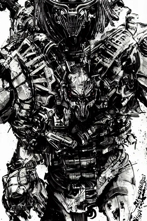 Prompt: predator illustrated by yoji shinkawa, science fiction horror action, ink, digital painting, highly detailed, trending on artstation, sharp focus, illustration, concept art, norman rockwell