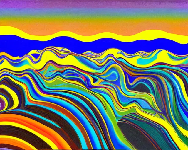 Prompt: A wild, insane, modernist landscape painting. Wild energy patterns rippling in all directions. Curves, organic, zig-zags. Saturated color. Mountains. Clouds. Rushing water. Hallucinatory sci-fi dreamworld. Wayne Thiebaud. Lisa Yuskavage landscape.