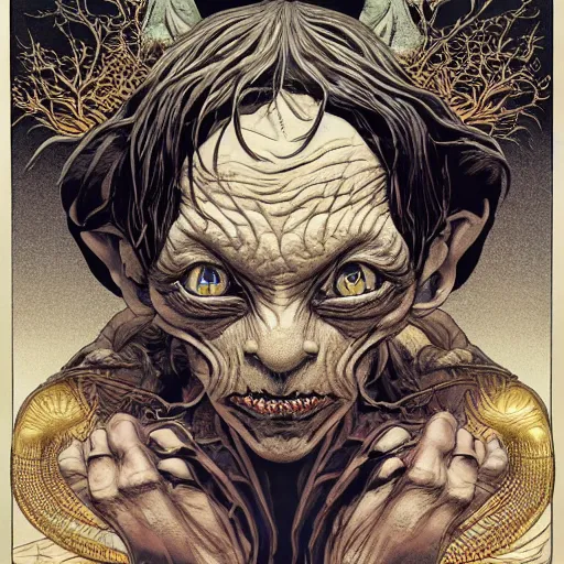 Image similar to portrait of gollum, symmetrical, by yoichi hatakenaka, masamune shirow, josan gonzales and dan mumford, ayami kojima, takato yamamoto, barclay shaw, karol bak, yukito kishiro