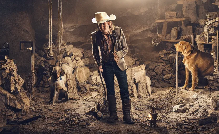 Image similar to a dirty golden retriever finding many large gold nugget piles in a dark mine and wearing a black western hat and jacket, dim moody lighting, wooden supports and wall torches and pick axes, cinematic style photograph