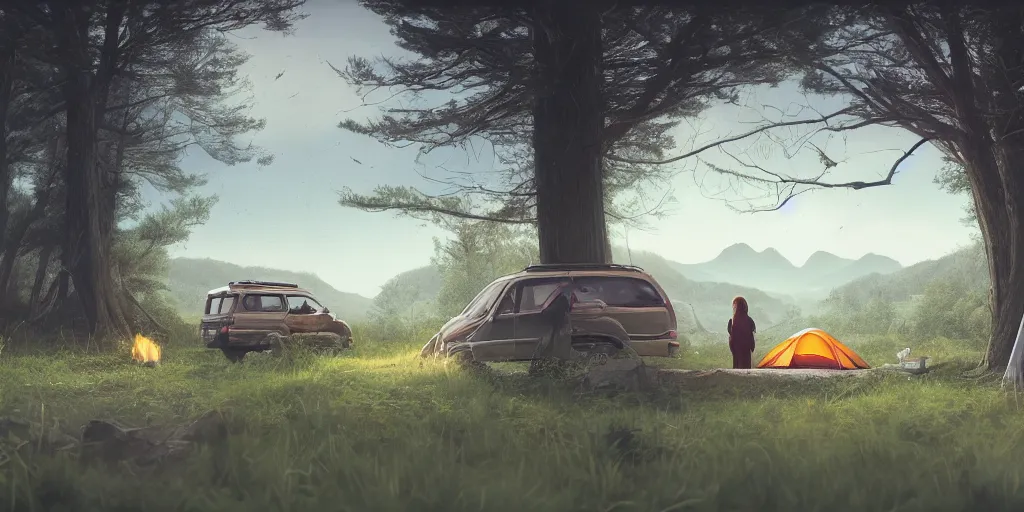 Image similar to looking out a car dash window to see two women camping, elegant scene, low angle, wide angle, indian forest, wide angle, cinematic, ultrarealistic, trending on artstation, cgsociety, highly detailed, color graded, rendered in unreal engine 4 k hq, matte painting, by simon stalenhag and hudson river school, horizon forbidden west