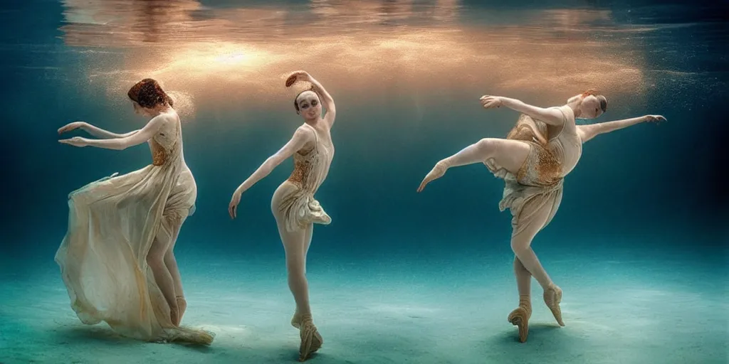 Image similar to underwater realistic photography of dancers with long gorgeous clothes , renaissance epic scene . Fluidity, elegance, beauty, water ocean cautic , ocean surface visible and water bubbles details rising up reaslitic undrwater background, high details. by CHRISTY LEE ROGERS