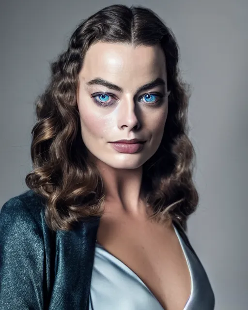 Image similar to A portrait of a margot robbie in a cosplay uniform, piercing eyes, highly detailed, bokeh, professional photograph, full body shot 4K, HD