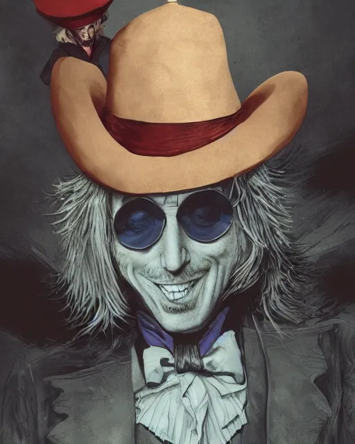 Image similar to tom petty as the mad hatter, contrast, kim jung gi, greg rutkowski, zabrocki, karlkka, jayison devadas, trending on artstation, 8 k, ultra wide angle, zenith view, pincushion lens effect