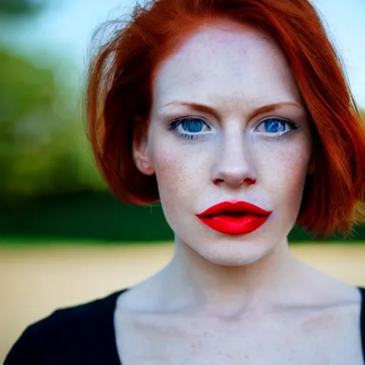 Image similar to close up portrait photo of the left side of the face of a redhead woman with blue eyes and big black round pupils and red lips who looks directly at the camera. Slightly open mouth, face covers half of the frame, with a park visible in the background. 135mm nikon. Intricate. Very detailed 8k. Sharp. Cinematic post-processing. Award winning photography