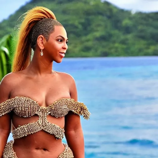 Prompt: beyonce in samoa drinking a coconut