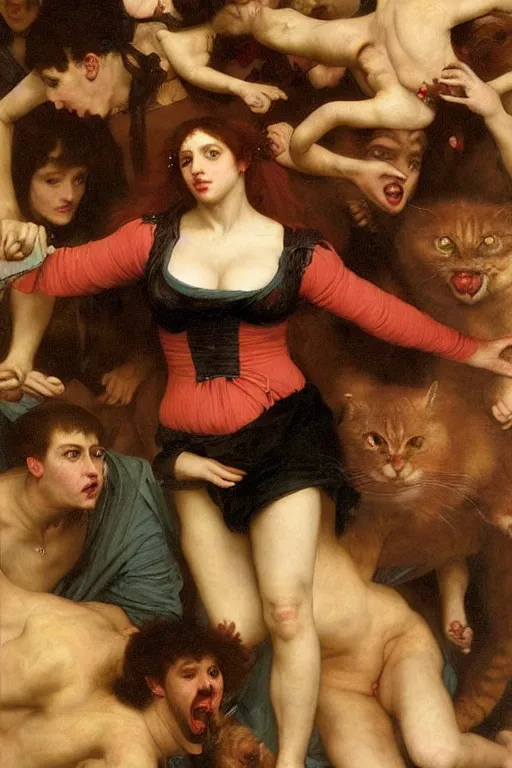 Prompt: a renaissance oil painting by alma tadema of demonic beautiful vampire woman running in fear from a group of gigantic cats, colourful pastel trending artstation, detailed portrait academic bouguereau caravaggio high shadow contrast medium shot