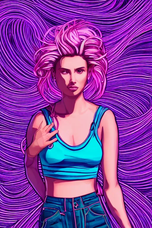 Image similar to a award winning half body portrait of a beautiful woman in a croptop and cargo pants with ombre purple pink teal hairstyle and hands in pockets by ari liloan, surrounded by whirling illuminated lines, outrun, vaporware, shaded flat illustration, digital art, trending on artstation, highly detailed, fine detail, intricate