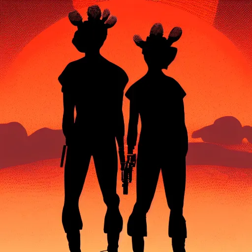 Image similar to in the style of max prentis and deathburger and laurie greasley a silhouette of two young explorers wearing cyberpunk headpieces watching the sunset in the distance from within a lush cave, highly detailed, 8k wallpaper