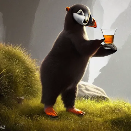 Prompt: puffin drinking bear, cinematic, cinematic lighting, trending on Artstation, Cgsociety, detailed, 4k, very realistic