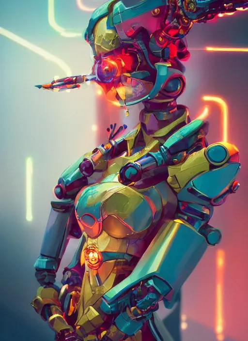 Image similar to an anthropomorphic beautiful mecha female wizard portrait holding a staff wearing colourful robe, fine art, award winning, intricate, elegant, sharp focus, octane render, hyperrealistic, cinematic lighting, highly detailed, digital painting, 8 k concept art, art by jamie hewlett and z. w. gu, masterpiece, trending on artstation, 8 k