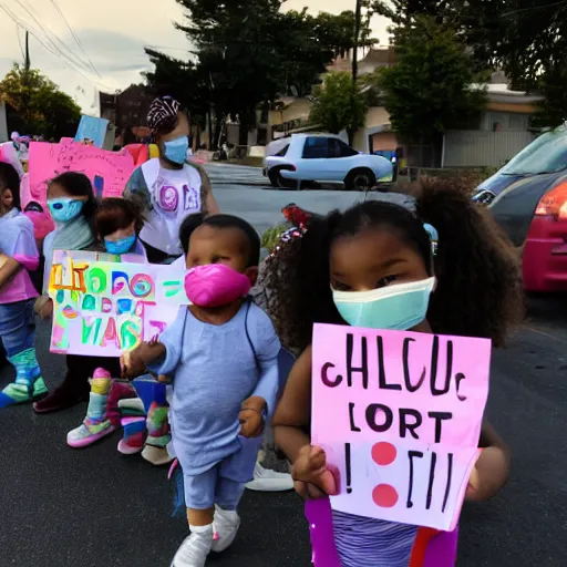 Image similar to babies protesting in front of a daycare center