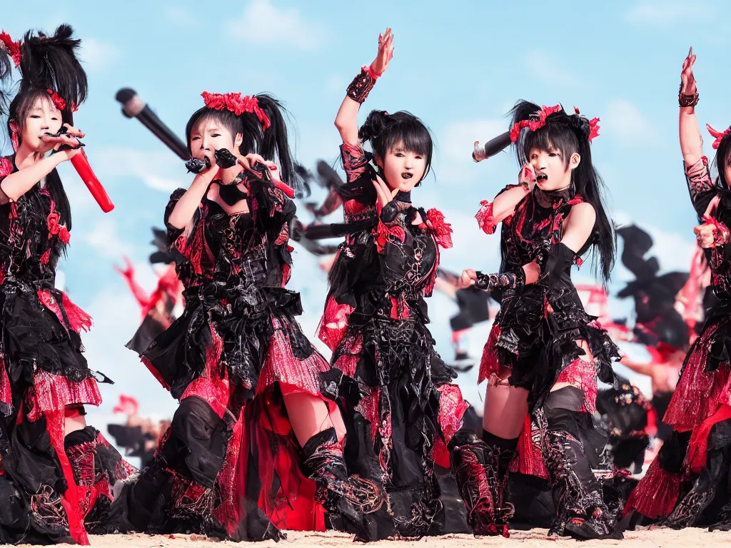 Image similar to babymetal performing on a tropical beach beautiful, scenery, High Definition detail, 8K, photography