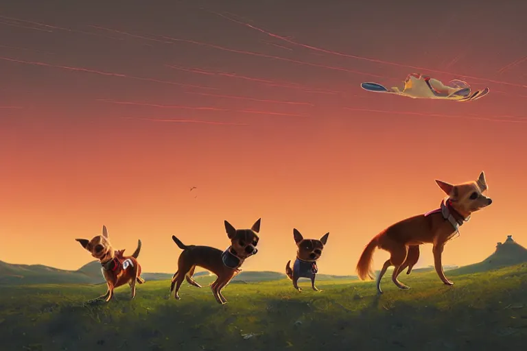 Prompt: Three chihuahuas on a flying carpet, flying in the sky, looking down on an English town, sunset, golden hour, cinematic lighting, epic scene, digital art painting by simon stalenhag