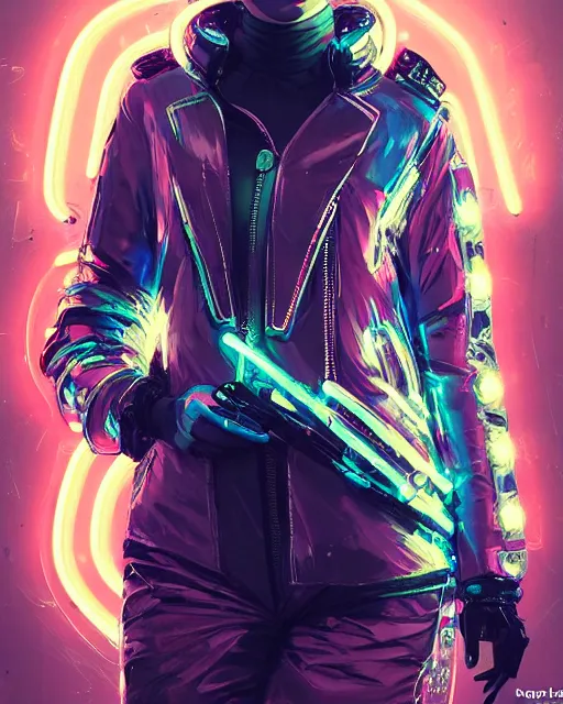 Prompt: neon operator margot robbie, cyberpunk futuristic neon, reflective puffy jacket, decorated with traditional japanese ornaments by ismail inceoglu dragan bibin hans thoma greg rutkowski alexandros pyromallis nekro rene maritte illustrated, perfect face, fine details, realistic shaded, fine - face, pretty face