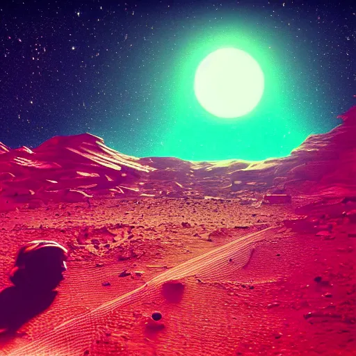 Prompt: lil peep on mars looking at camera, detailed, close shot, moonlight, red lighting, neon, glitch, synthwave, boke,