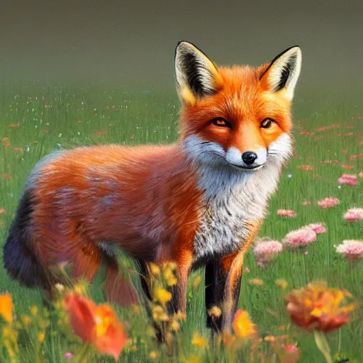 Image similar to a portrait of a cute fox in a field of beautiful flowers, by stanley lau and greg rutkowski