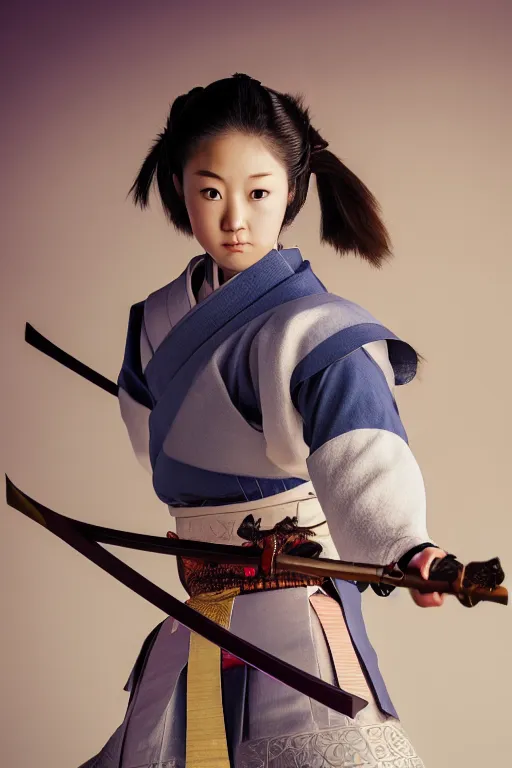 Image similar to highly detailed beautiful photo of a young female samurai, practising sword stances, symmetrical face, beautiful eyes, realistic anime art style, 8 k, award winning photo, pastels, action photography, 1 / 1 2 5 shutter speed, dramatic lighting