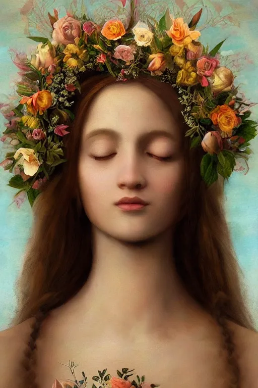 Image similar to the Divine Feminine, Beautiful, Flower Crown of the Gods, Woman, All Races, All Cultures, Female, Birth of creation, Mother Earth, Divinity, Hope, Ethereal, Renaissance Painting, Atmospheric Lighting, artstation trending